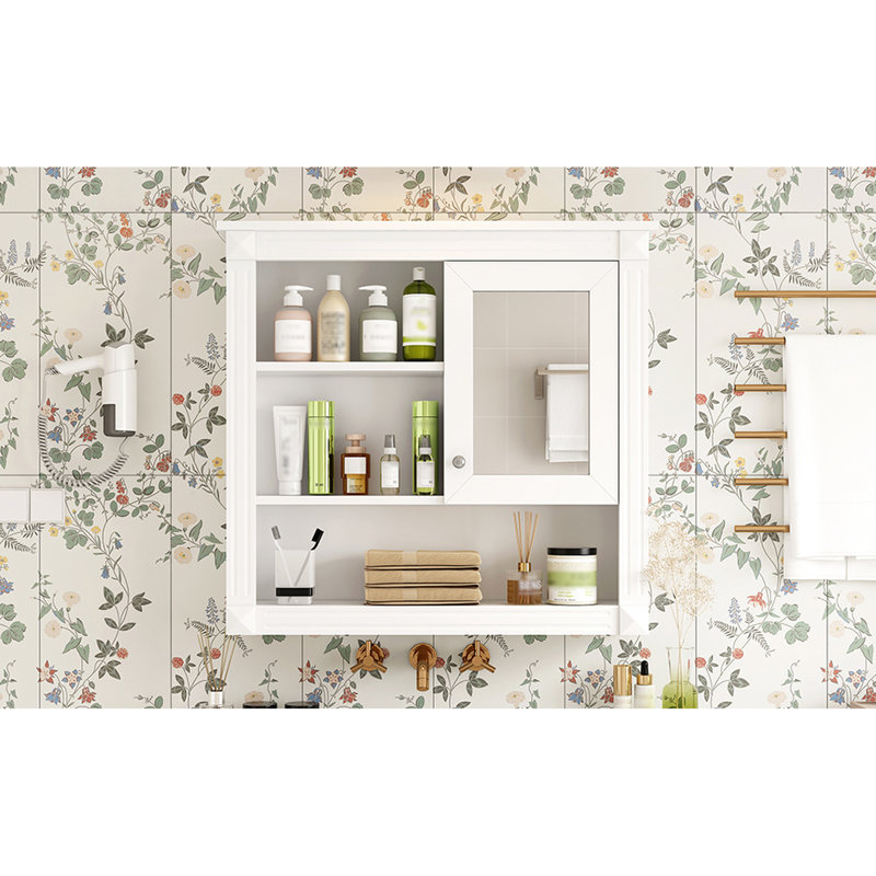 Armoire de salle de bain avec miroir 32 po, 4 tablettes, rangement pour salle de bain compacte, Blanc