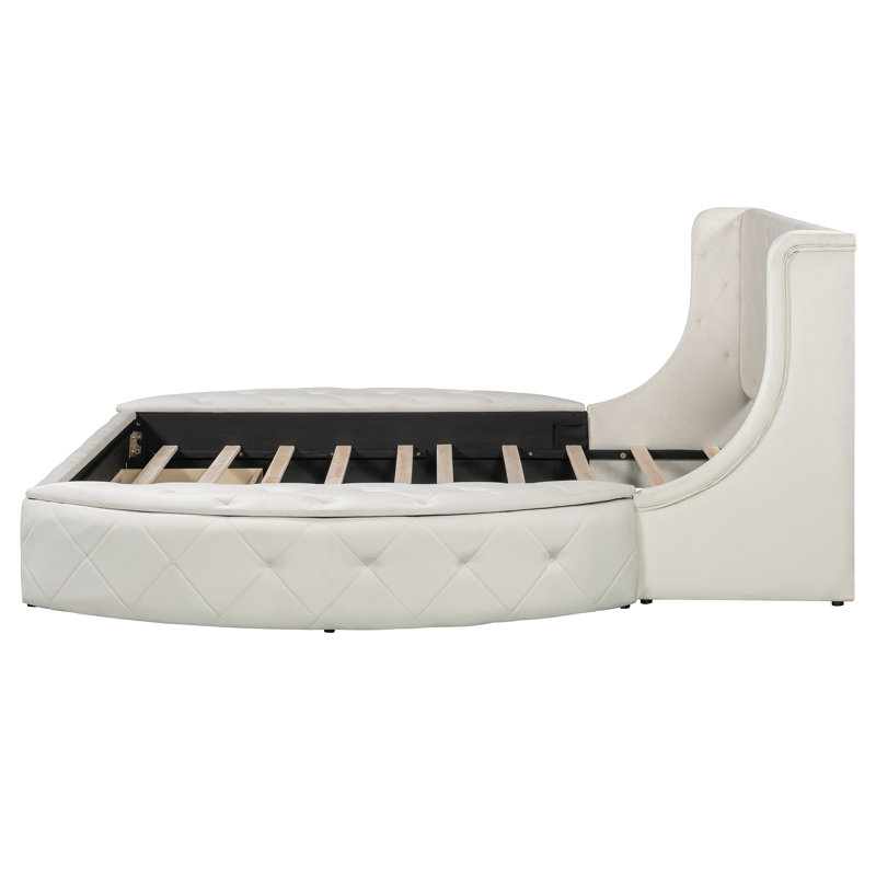 Grand lit tapissier avec tiroir et bancs de rangement, Beige