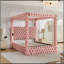 Structure de lit à baldaquin grand lit, lit plateforme tapissier en velours avec tête de lit capitonnée, haut-parleur Bluetooth intégré, ports de charge USB-A et USB-C, sommier robuste, rose-1421442791