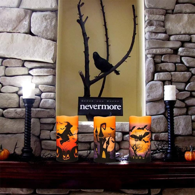 3 Pack Halloween Flameless LED Candles - 6-Hour Timer, Battery-Operated Wax with Witch/Bats/Castle Decals, Flickering for Decor