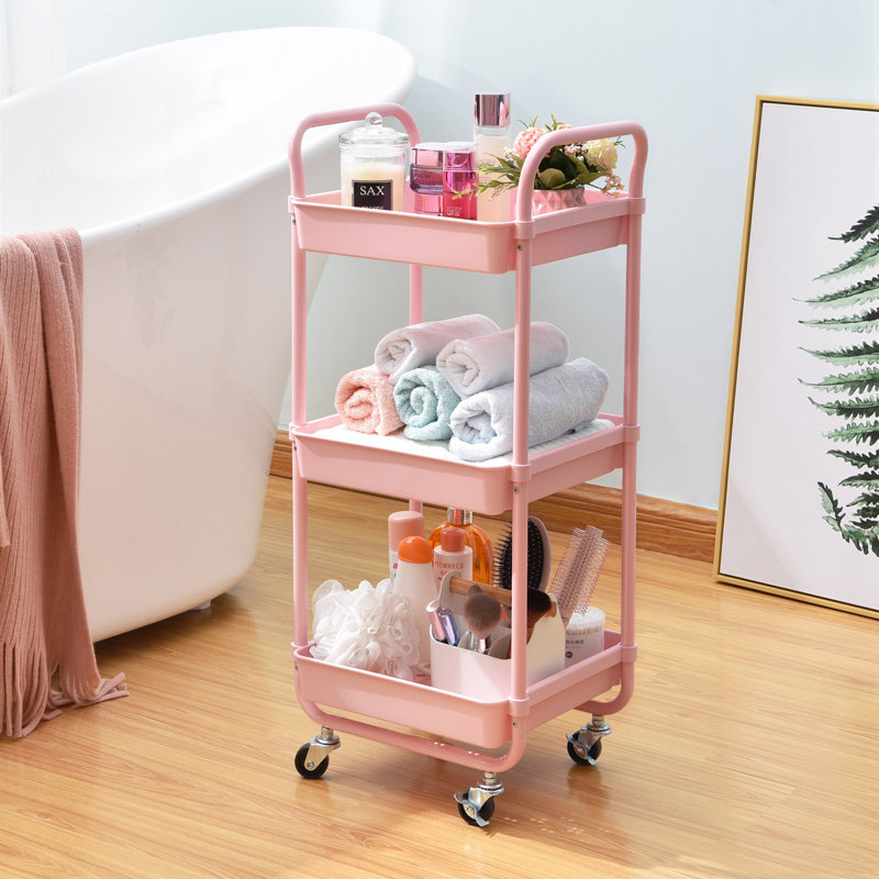 3-Tier Rolling Cart, Utility Cart with Wheels,Metal Cart,Bathroom Cart,Salon Trolley Cart,Kitchen Storage Cart, Pink