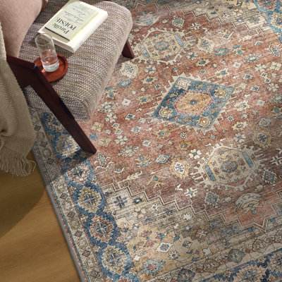 Tapis oriental oriental rouge neutre / beige délavé à la machine