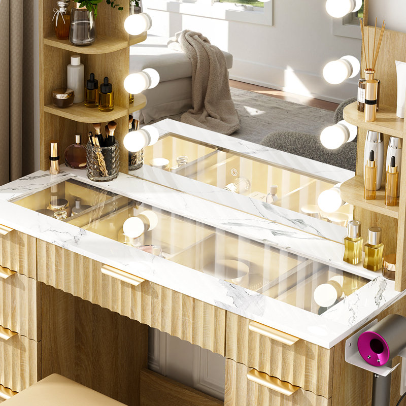 Makeup Vanity Glass-top Table Modern Water Ripple Design With 3-color Bulb Lighting Mirror, 9 Drawers And 4 Shelves