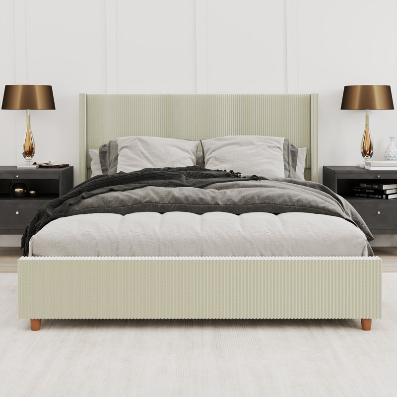 Structure de lit tapissier avec tête de lit à oreilles Corduroy, Beige, Très grand