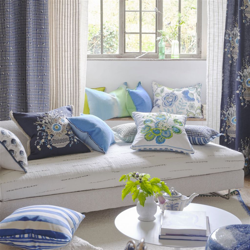 Embroidered Osier Damasse Decorative Pillow, Cobalt