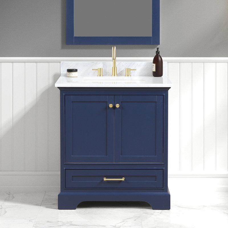 Meuble-lavabo simple 31 po avec plateau en marbre de Carrare Hitz, Bleu marine