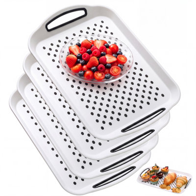 Ensemble de 4 plateaux de service antidérapants en plastique avec poignées, 40 x 28,5 cm, en polypropylène (PP), réutilisables et rectangulaires. Offerts en noir, blanc ou bicolore (noir et blanc). Idéal pour les repas, les fêtes et le quotidien.