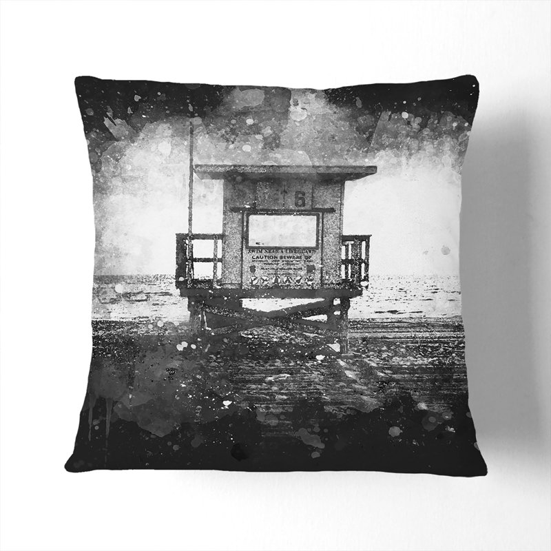 Lifeguard Station upon the Beach Paint Splash Cushion with Filling, 40cm H x 40cm W x 15cm D, Stone