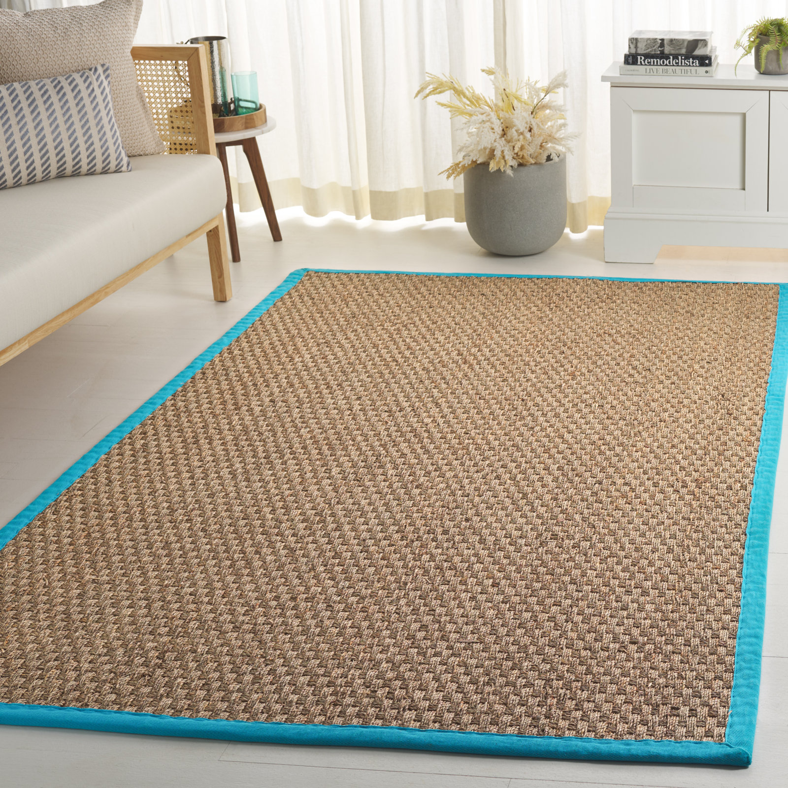 Natural Turquoise Bamboo Seagrass Rug, Rectangle 4' x 6'