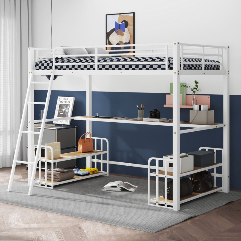 Lit mezzanine en métal avec bureau, tablettes de rangement et station de charge, Lit simple