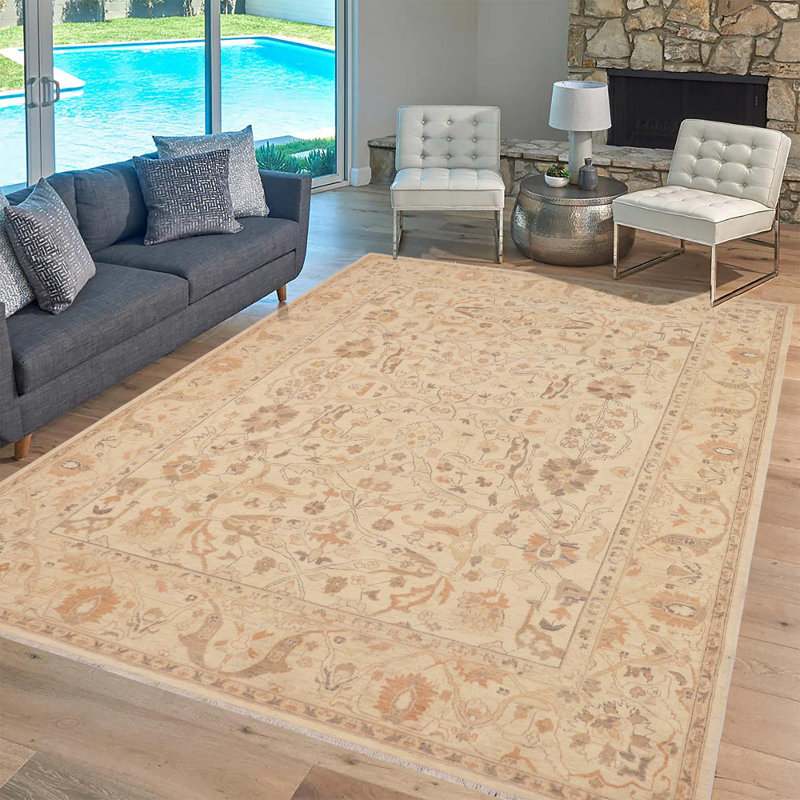 Tapis beige rectangulaire en laine noué à la main 9 pi x 11 pi 4 po Baccio