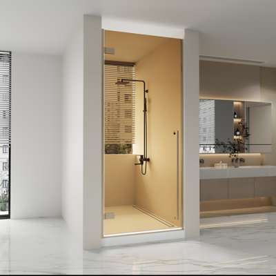 Drew 33.9"–34.3" x 79" Reversible Brushed Gold Pivot Shower Door with Brown Tinted Glass