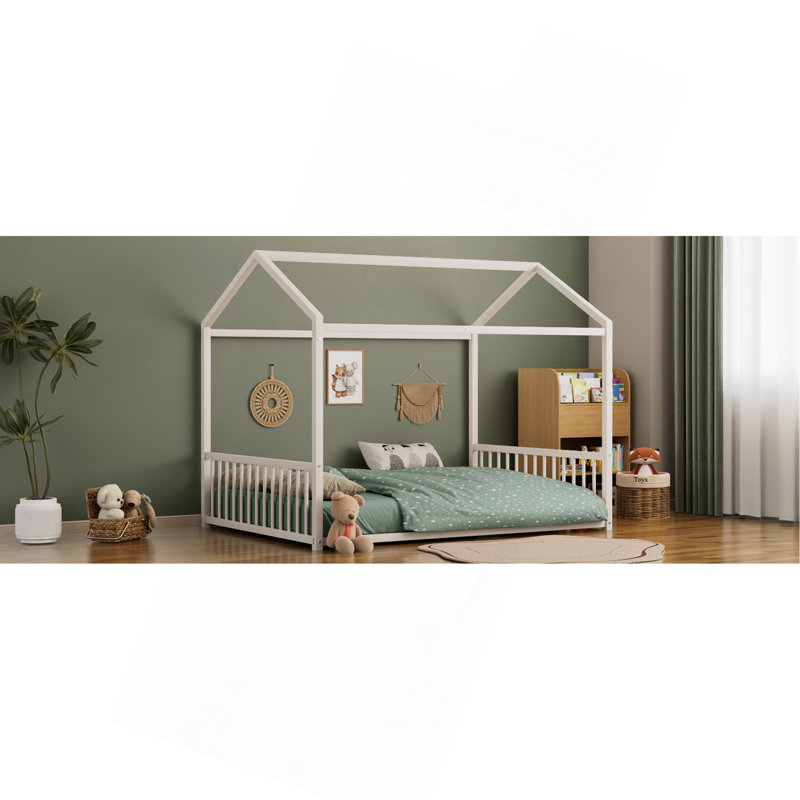 Structure de lit pleine grandeur en métal de style Montessori, lit en forme de maison avec barrières de sécurité verticales (pour enfants et tout-petits) facile à assembler, sans lattes