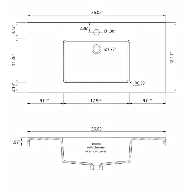 Comptoir de meuble-lavabo en pierre reconstituée 36 po avec lavabo rectangulaire intégré blanc