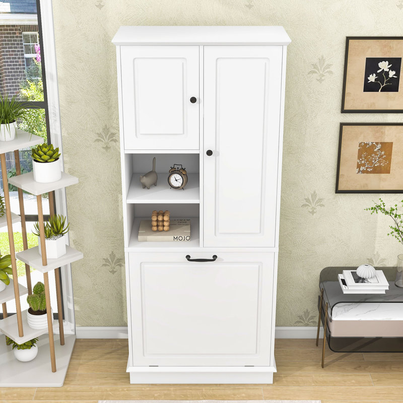 Armoire de rangement haute en bois avec panier rabattable, tablettes réglables et armoires fermées, Blanc