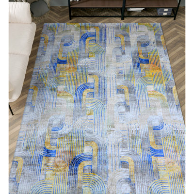 Tapis gris et multicolore de haute qualité noué à la main