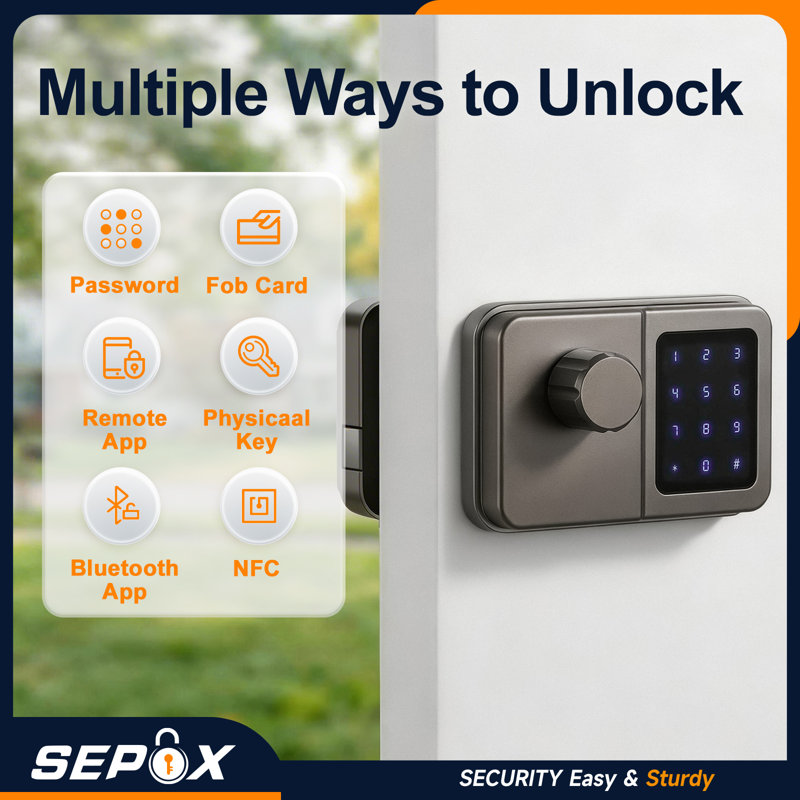 Serrure intelligente SEPOX, serrure de porte d'extérieur pour clôture et porte de garage, carte électronique de serrure électronique sans clé, code d'accès et clé mécanique, serrure de bordure imperméable pour jardin extérieur (gris, écran simple)
