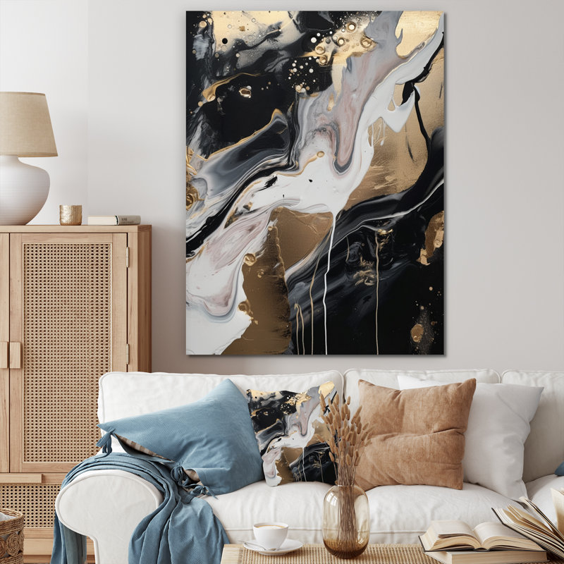 Back and Gold Marble Medley III - Art abstrait sur toile marbrée, H 32 po x l 16 po x P 1 po, Toile tendue