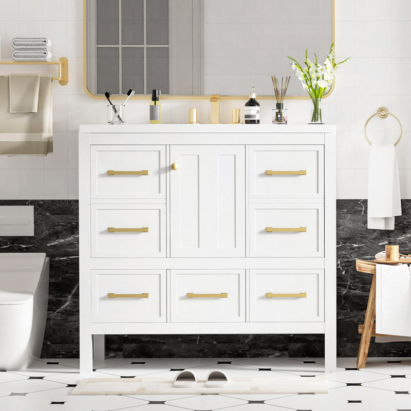 Ensemble de meuble-lavabo de salle de bain avec lavabo en résine, meuble de rangement en bois massif, ensemble de meuble-lavabo autoportant avec 5 tiroirs et portes à fermeture douce
