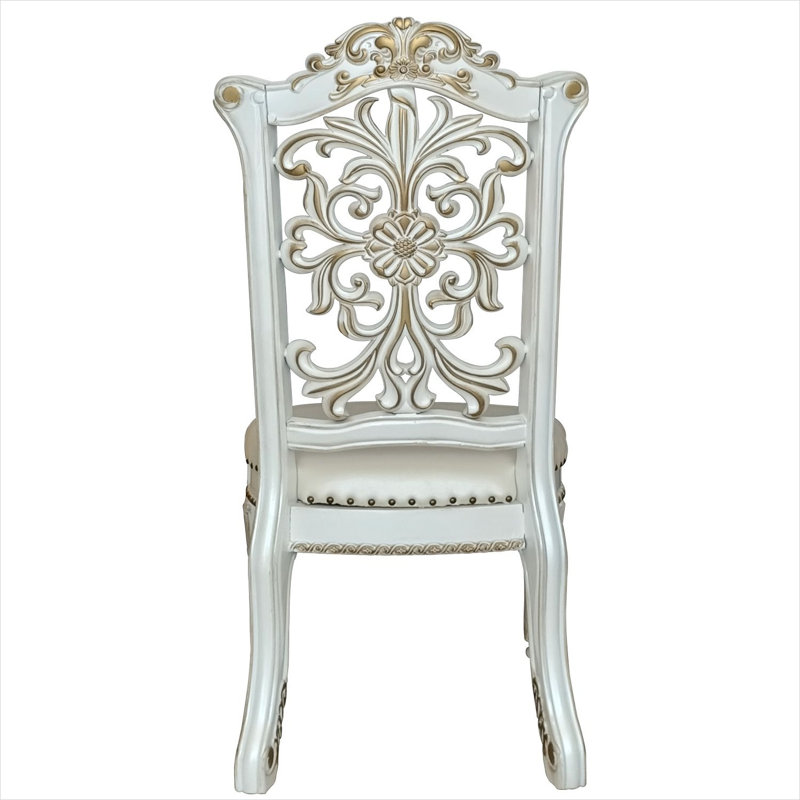 Ensemble de 2 chaises de salle à manger rembourrées avec dossier fleuri et garniture cloutée, structure en bois massif.