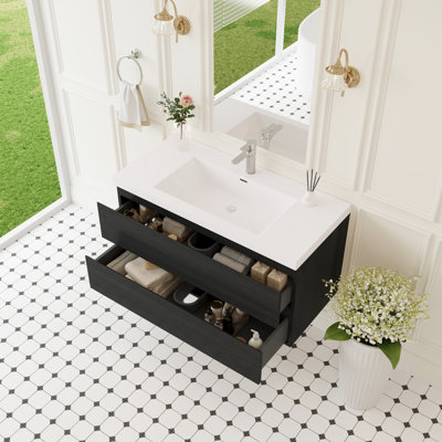 Meuble-lavabo de salle de bain de 107 cm (42 po), lavabo, comptoir en surface solide, tiroirs à fermeture amortie, bois, comptoir en résine, meuble suspendu optimisant l'espace, surface plane, entièrement assemblé, installation rapide et facile