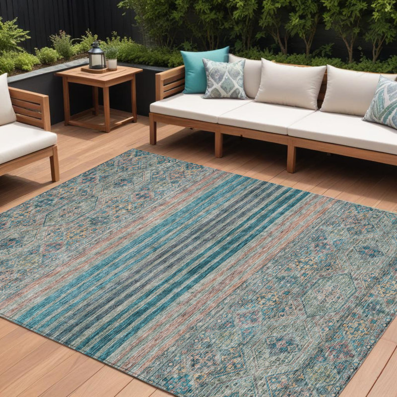 Tapis intérieur / extérieur bleu sarcelle lavable 10 'X 14' Medallion