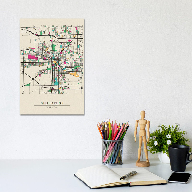 South Bend, Indiana Map by Ayse Deniz Akerman - Wrapped Canvas Gallery-Wrapped Canvas Giclée, 20.32 cm H x 30.48 cm W