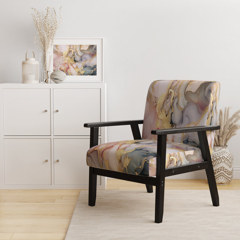 Berdahl Marble Upholstered Armchair, Black Square Arms, Gray/Pink
