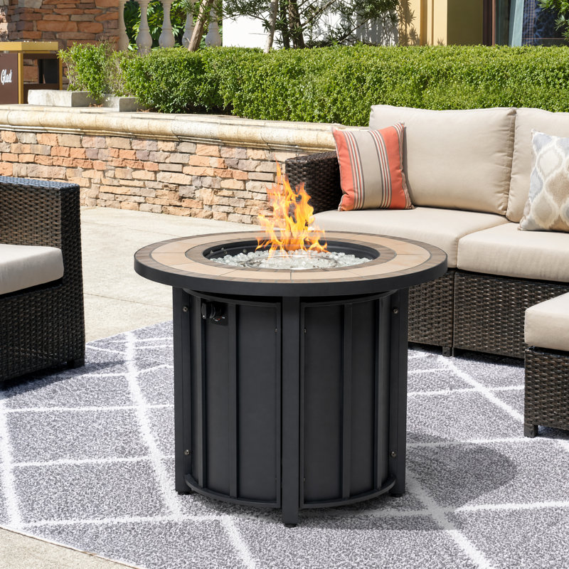 Table de foyer d'extérieur au propane de 30 po, foyer au gaz rond en acier de 50 000 BTU avec plateau en céramique mosaïque et housse de pluie pour la terrasse du jardin