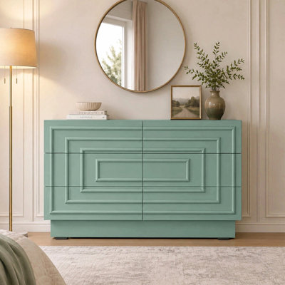 Commode 6 tiroirs de style Mid-Century pour chambre à coucher, 145 cm de large, style moderne, ouverture par simple pression, meuble télé pour salon, base épaisse, coiffeuse, meuble de rangement pour tiroirs, entrée