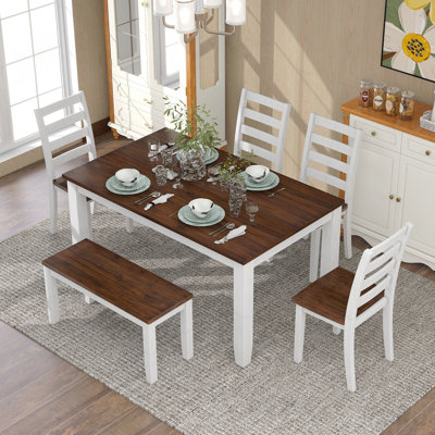 Rustic Style 6-Piece Dining Room Table Set With 4 Ergonomic Designed Chairs & A Bench (Walnut + Cottage White)