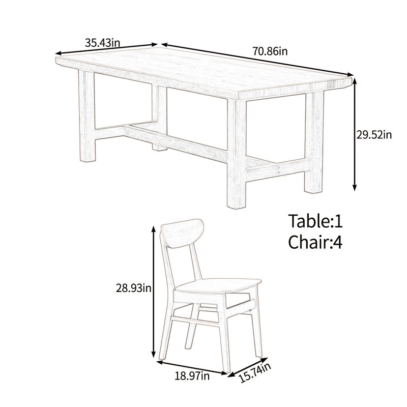 Solid wood solid large table set, Burlywood, 29.52"H x 70.86"L x 35.43"W