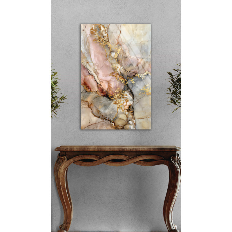 Art mural en verre trempé rose marbré, décor abstrait feuille d'or, impression de texture de pierre moderne, grande agate verticale suspendue, idée cadeau élégante