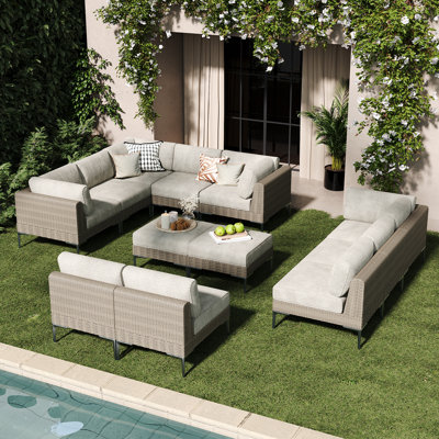  12-piece Wicker Rattan Patio Furniture Set, Deep Seating Outdoor Modular Sectional Sofa Conversation Set With Thick Cushions For Lawn, Garden