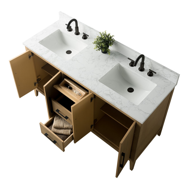 Chambery 60" Double Sink Bathroom Vanity with Engineered Marble Top, Natural Oak, Matte Black