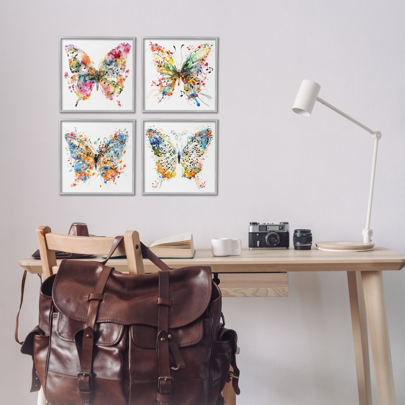  «Butterflies with Music Notes», ensemble de 4 giclées par LSR Design Studio, Estampe numérique Farmhouse, H 12 po x l 12 po