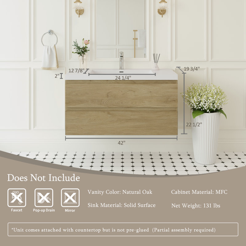 Meuble-lavabo mural 42 po avec lavabo, meuble-lavabo mural moderne avec lavabo à surface solide et tiroirs à fermeture en douceur, chêne naturel GF-24V11-42NO