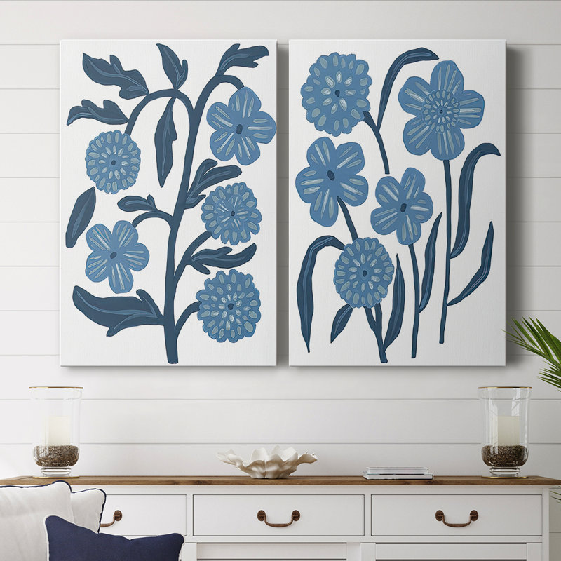 «Blue Folk Florals» - Toile tendue avec châssis de qualité supérieure - Prêt à être accroché