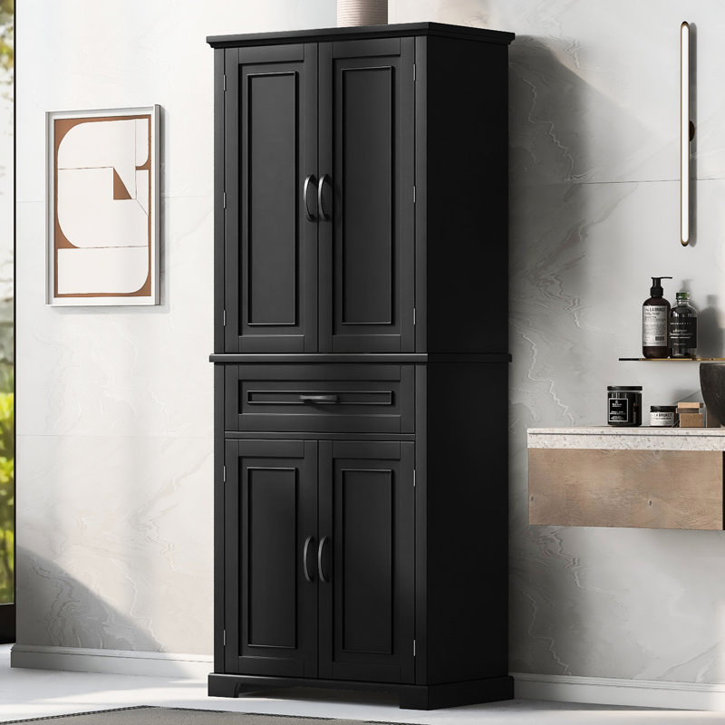 Armoire de salle de bain haute - 1 tiroir, 4 portes, tablette réglable, grande capacité de rangement de couleur noire, Noir
