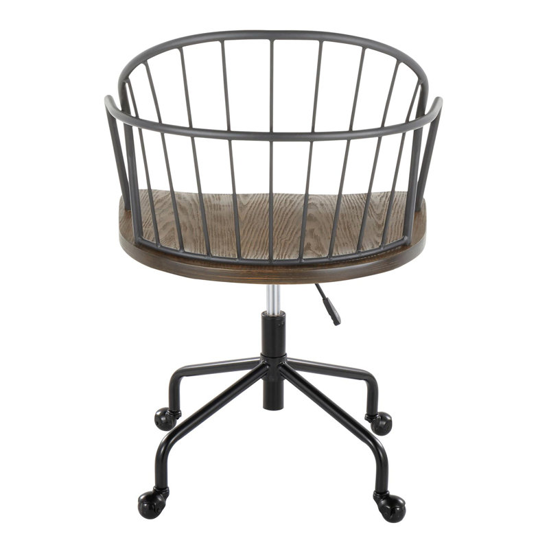 Chaise de bureau réglable en hauteur, monobloc, noire, en métal et bois, avec base pivotante réglable et dossier à barreaux.