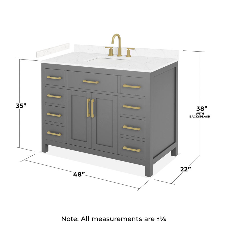 Meuble-lavabo simple de 48 po Beckett en gris foncé, comptoir en marbre de culture de Carrare, lavabo carré encastré (3 trous), garniture or brossé