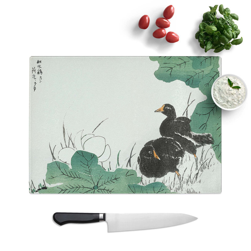 Tempered Glass Coot Bird and Lotus Flower Chopping Board, 39 cm W x 28.5 cm L