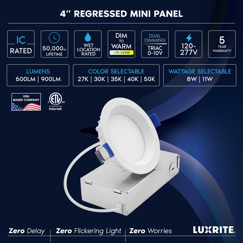 Luxrite 4 po Mini panneau à DEL régressé, lumière encastrée, 5CCT, gradateur à chaud, 8W / 11W, 600/900 lumens, CRI90, double intensité variable, 100 °, ETL, paquet de 6