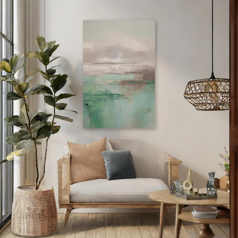 Soleil levant - campagne moderne contemporaine verte, paysage abstrait, tons de menthe, art de paysage pastel