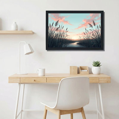 «Tall Cattails and Reeds Against Pink Sunset Sky», art mural sur toile