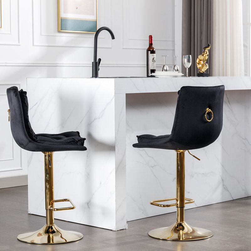 De 2 tabourets de bar en velours noir, avec base et repose-pieds, mécanisme de hauteur réglable pour un siège détendu pivotant mécaniquement optimal