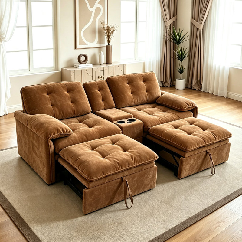 Canapé d'angle modulaire Cloud de 213 cm (83,86 po), canapé rembourré surdimensionné avec console centrale, porte-gobelets et pouf coulissant, canapé profond en tissu moelleux pour salon