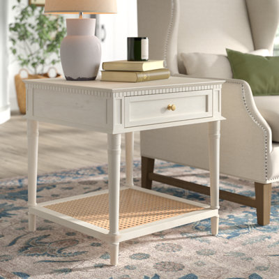 Ayleena Solid Wood End Table with Drawer and Woven Cane Storage Shelf