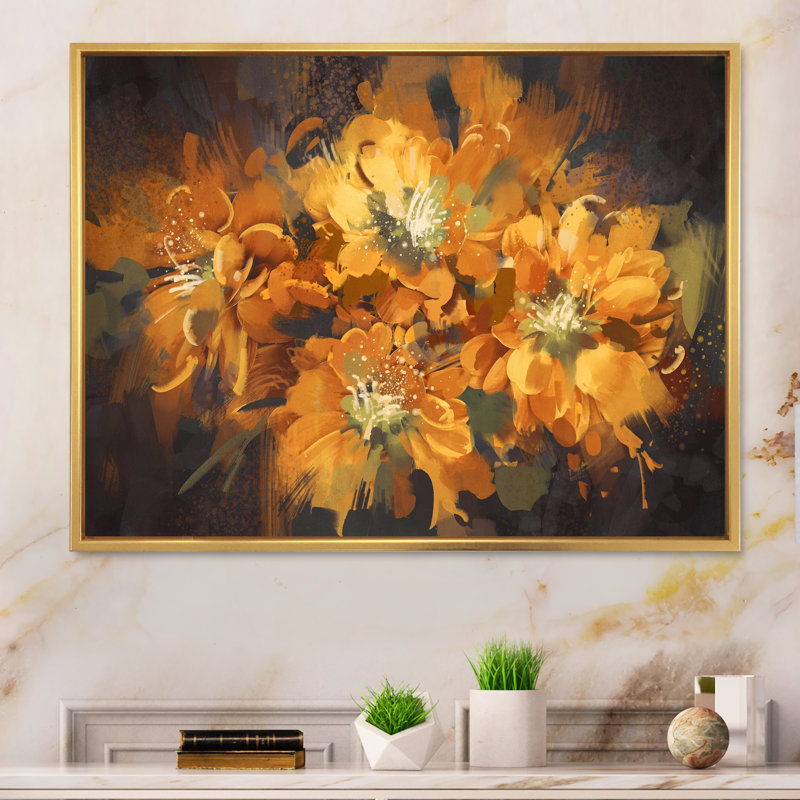 Fleurs orange orangées - reproduction sur toile, H 12 po x l 20 po x P 1 po, Cadre flottant doré