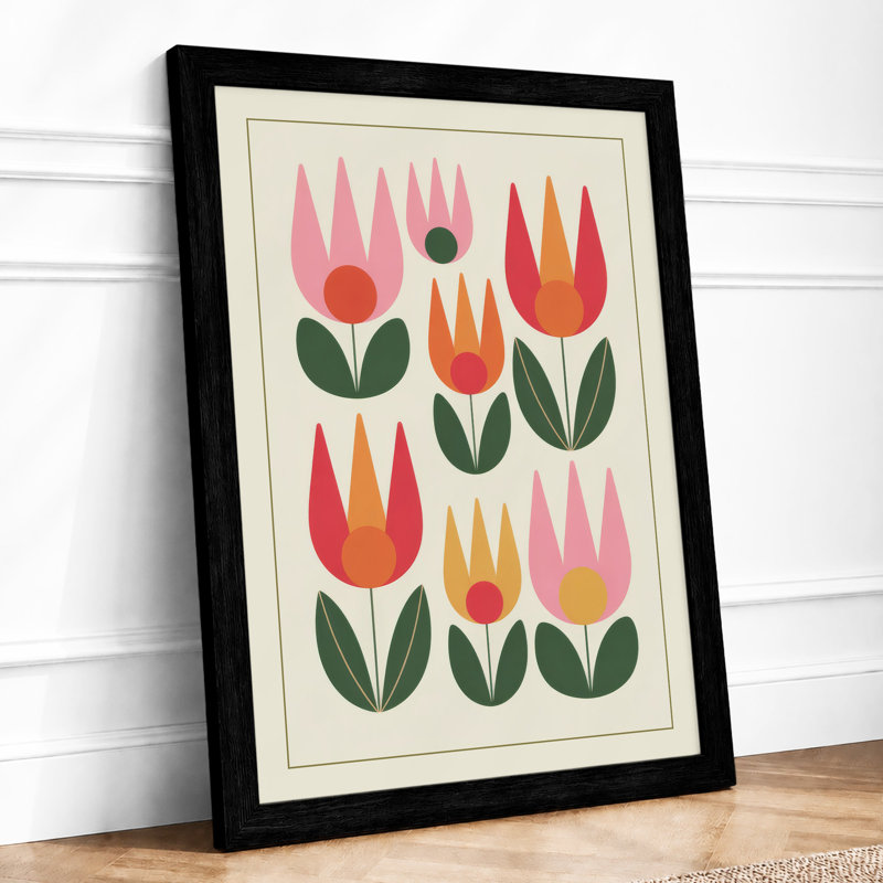 Stylized Tulip Composition Mid-Century - Framed Print, Black, A4 - 29.7 x 21.0 cm